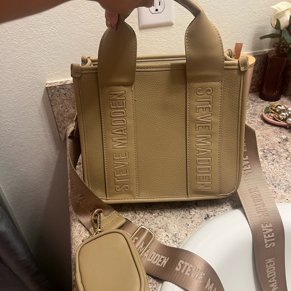 Steve Madden Tan Structured Satchel with Branded Strap